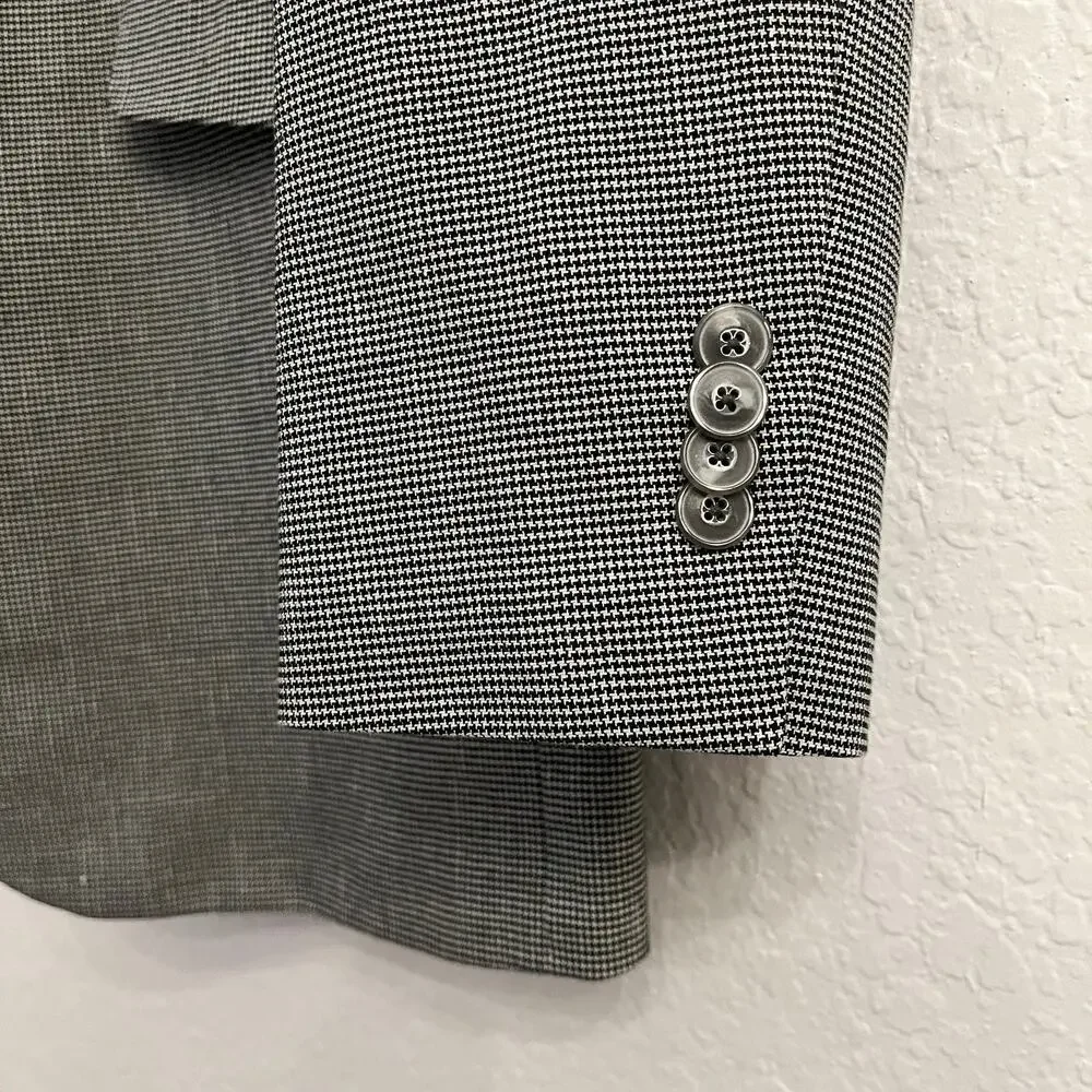 Jos A Bank Linen Cotton Houndstooth Blazer‎ 40L Tailored Fit Elbow Patches Black